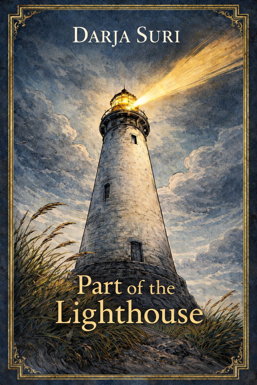 The original cover for Part of the Lighthouse, showing a lighthouse casting its beam through stormy skies.