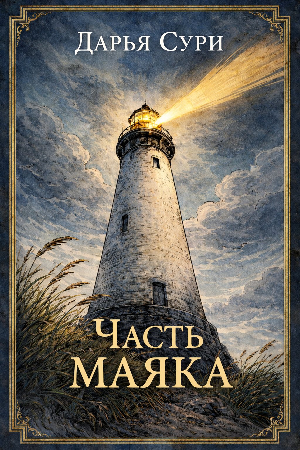 Оригинальная обложка книги «Часть маяка» с маяком, луч которого прорезает штормовое небо.