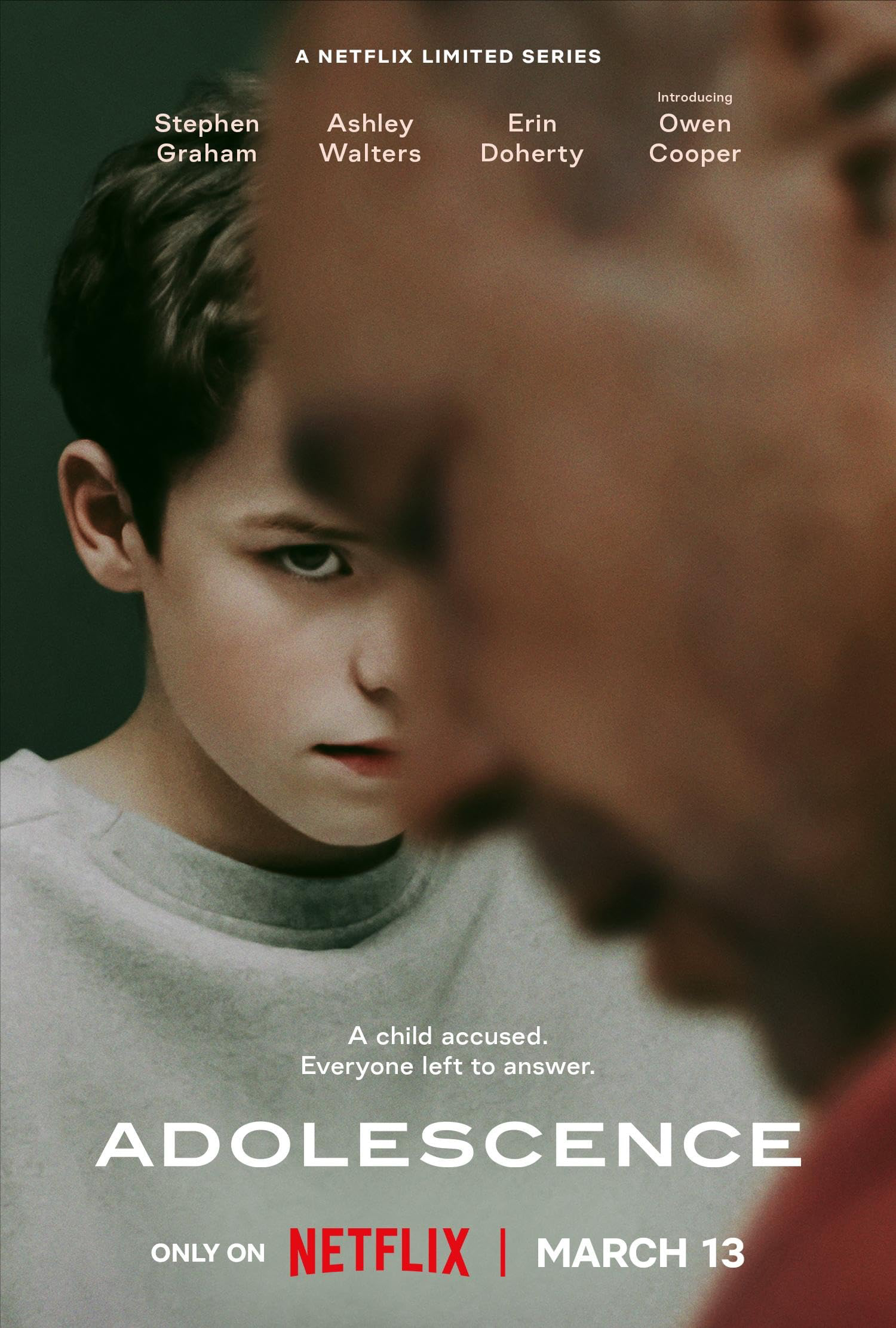 Poster-inspired cover for Adolescence with a boy's face partly obscured and the title in large lettering.